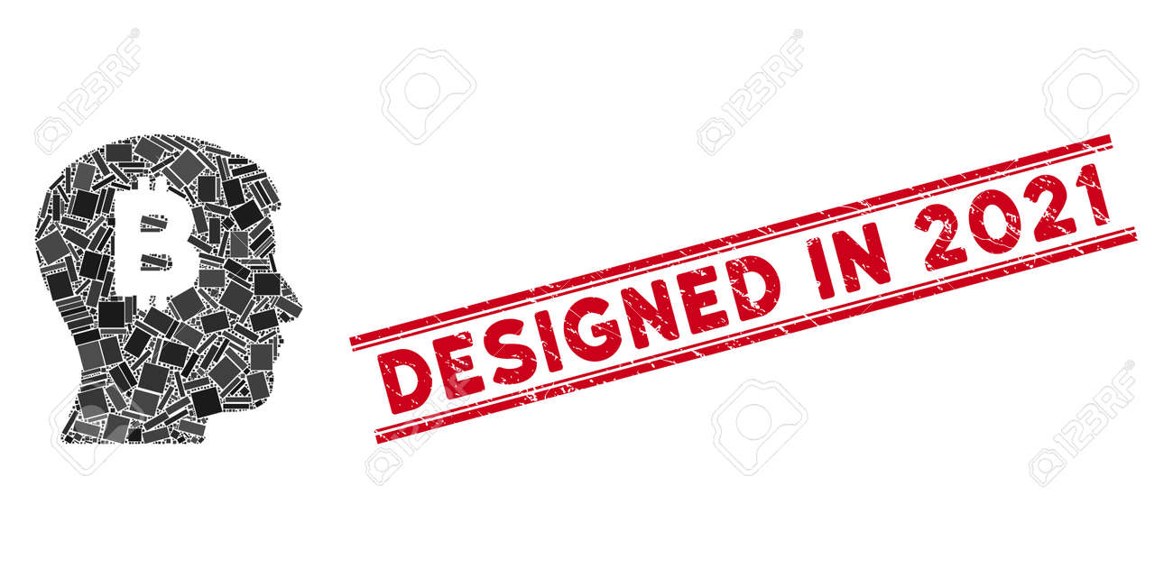 이중 평행선 사이에 2021년 인장 스탬프로 디자인된 모자이크 멘탈 비트코인 픽토그램과 빨간색 무작위 회전 직사각형 요소의 플랫 벡터  멘탈 비트코인 모자이크 그림 로열티 무료 사진, 그림, 이미지 그리고 스톡포토그래피. Image 139250549