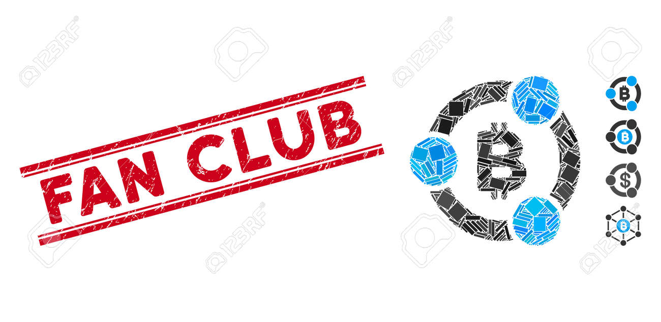 Mosaic Bitcoin 협업 아이콘과 이중 평행선 사이의 빨간색 팬 클럽 봉인. 흩어져 있는 회전된 사각형 요소의 평면 벡터  Bitcoin 협업 모자이크 아이콘입니다. 로열티 무료 사진, 그림, 이미지 그리고 스톡포토그래피. Image 139692063