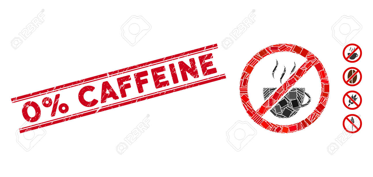 モザイク禁止のコーヒーアイコンと二重の平行線の間の赤い0％カフェインシール。散らばった回転した長方形の要素のフラットベクトル禁止コーヒーモザイクアイコン。のイラスト素材・ベクター  Image 139735969