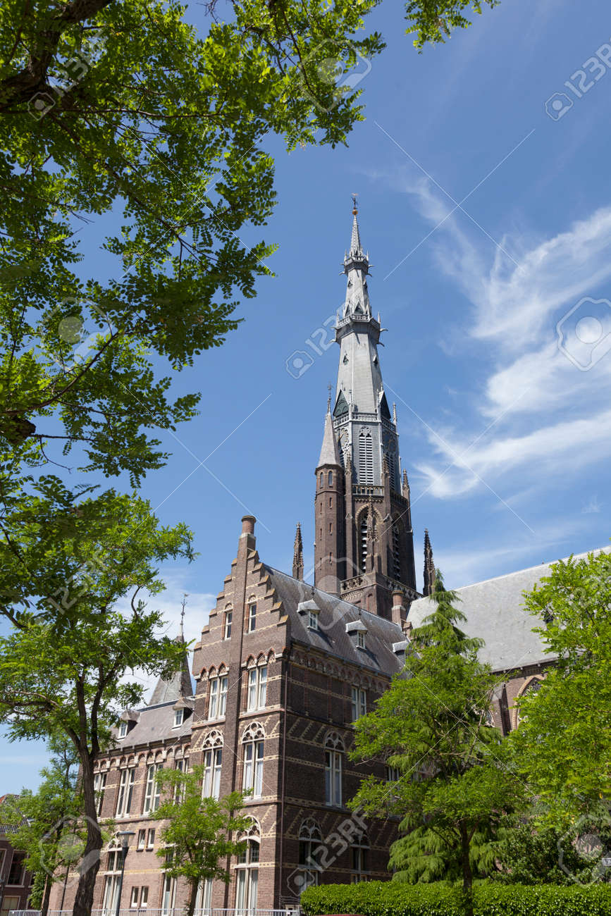 ボニファティウス教会と晴れた夏の日の木を通して見たフリースラント州のレーワールデン首都の青い空 の写真素材 画像素材 Image