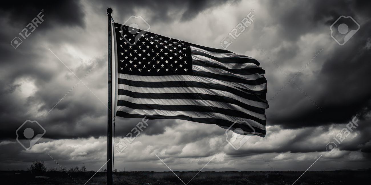American Flag Waving In The Wind With Stormy Clouds. Black And White Image.  Stock Photo, Picture and Royalty Free Image. Image 206994608., image size:1300x650