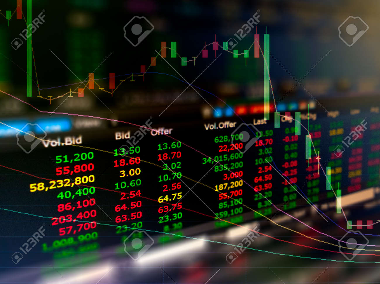 주식 시장 차트 이중 노출, 비트 코인 거래, ICO 무역의 개요 로열티 무료 사진, 그림, 이미지 그리고 스톡포토그래피. Image  107072021