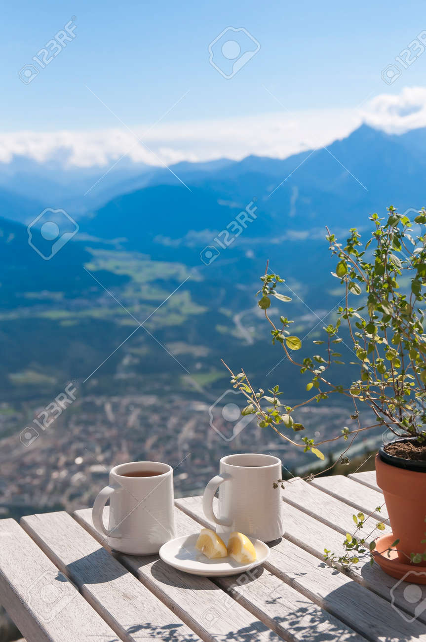 Two Cups Of Tea With Lemon On A Table In A Cafe In The Mountains Stock Photo Picture And Royalty Free Image Image