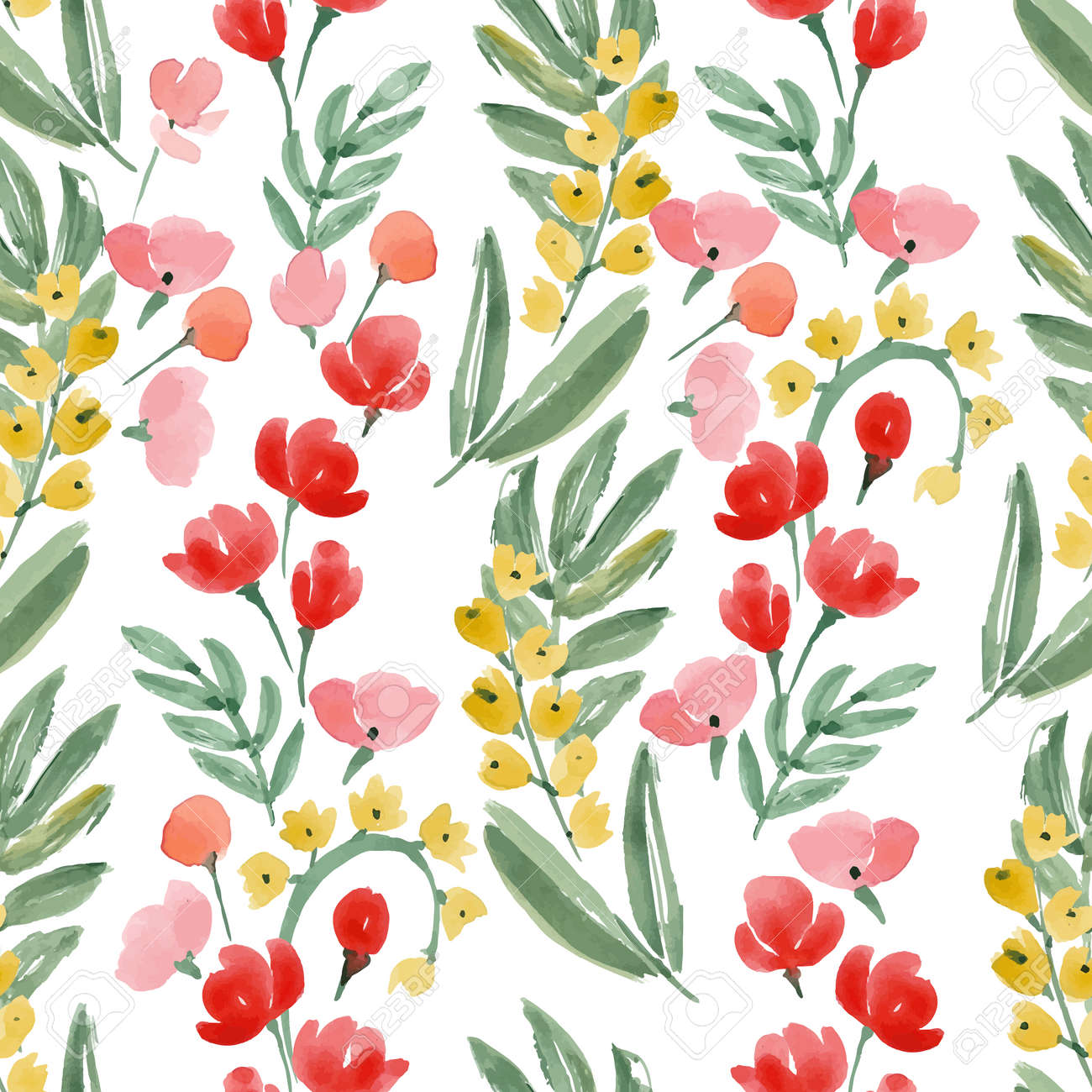 Vintage Watercolor Wallpaper Of Hand Drawn Flowers And Leaf