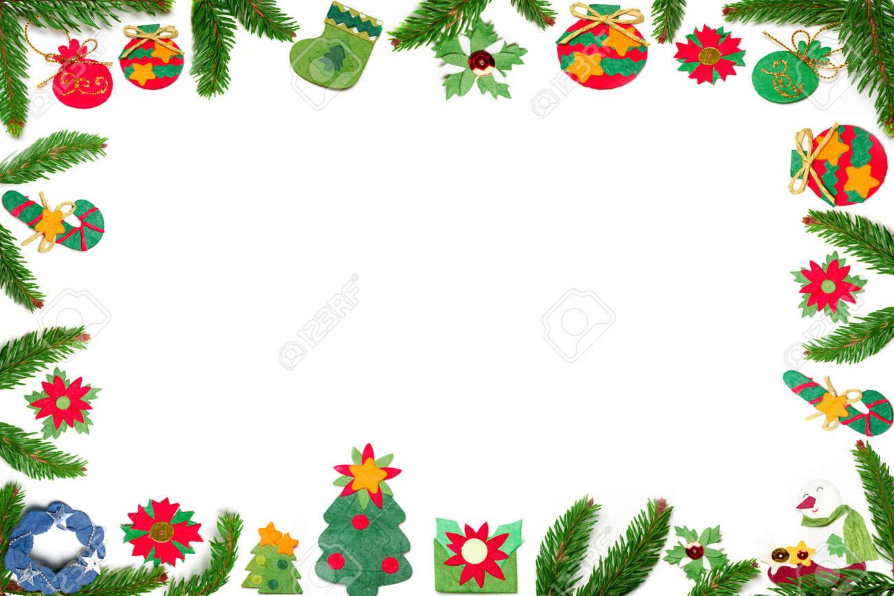 christmas border made with paper ornaments and fir tree paper with christmas border