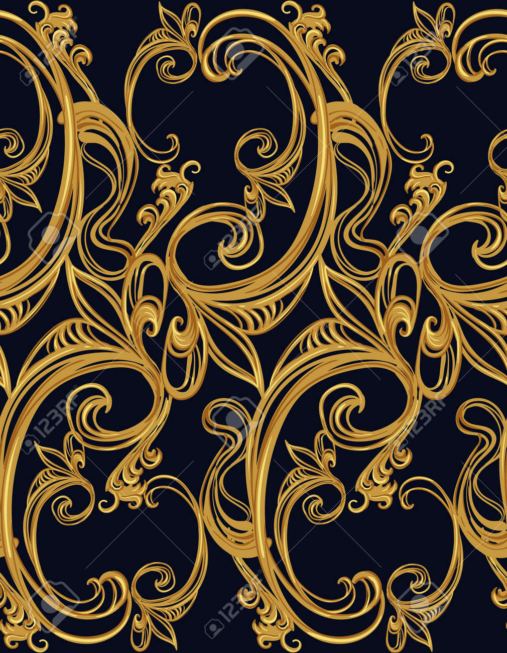 暗い背景にバロック ゴールド シームレス パターン のイラスト素材 ベクタ Image