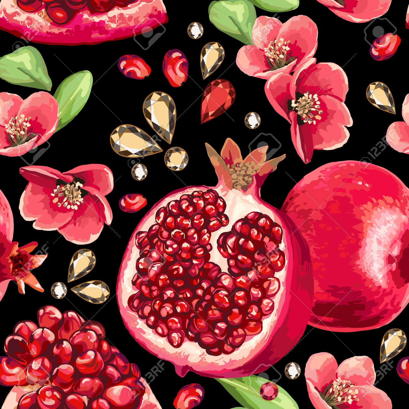 ザクロの果実と黒の背景の花 のイラスト素材 ベクタ Image ザクロの果実と黒の背景の花 のイラスト素材 ベクタ Image