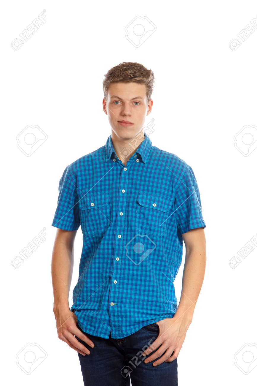 wearing a blue shirt with jeans