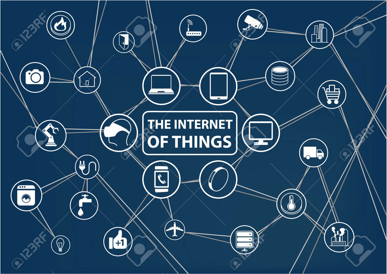 インターネットの事 Iot 技術の背景 スマート フォン スマートウォッチ センサーなどのデバイスを接続します 線との交点のデバイスのネットワーク の イラスト素材 ベクタ Image