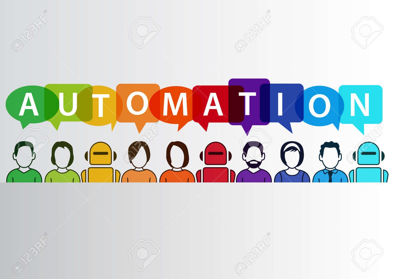Process automation concept as background. Vector illustration of mixed group of people and machines and robots - 58671511 Process automation concept as background. Vector illustration of mixed group of people and machines and robots - 58671511