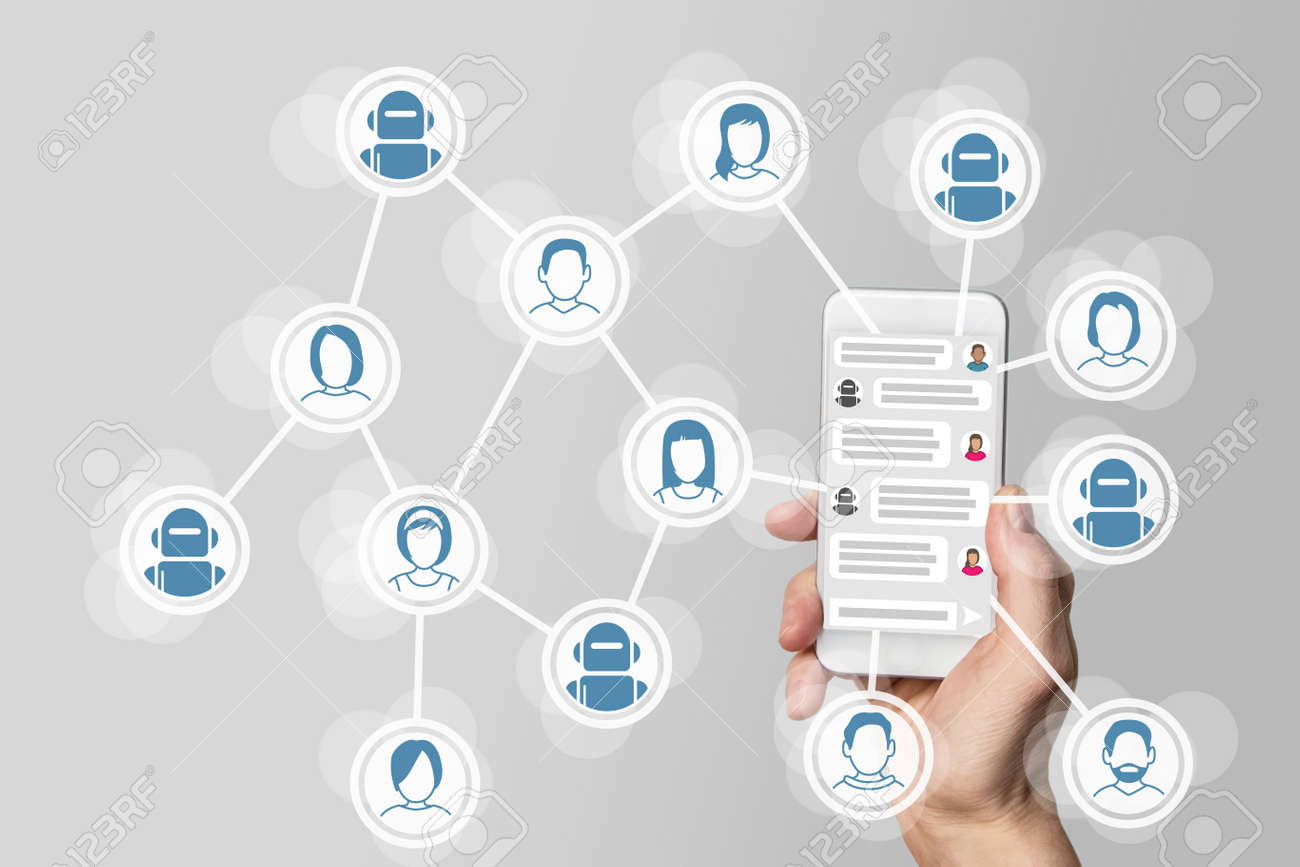 Chatbot concept with instant messenger Displayed on smart phone - 60322792 Chatbot concept with instant messenger Displayed on smart phone - 60322792