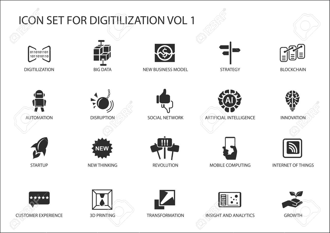 Digitilisierung Vektor Icons Fur Themen Wie Grosse Daten Blockchain Automatisierung Kundenerfahrung Mobile Computing Internet Von Dingen Einsichten Analytik Lizenzfrei Nutzbare Vektorgrafiken Clip Arts Illustrationen Image