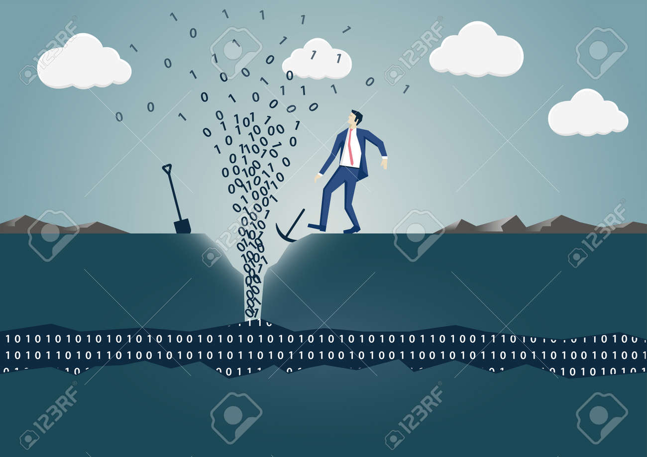 Businessman drilling to get a spring of information. Concept of successful data mining, big data and digitization - 90789272 Businessman drilling to get a spring of information. Concept of successful data mining, big data and digitization - 90789272