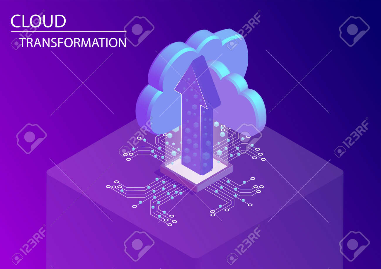 Cloud transformation and digitization concept. 3d isometric vector illustration with floating arrow and cloud symbols - 125801170 Cloud transformation and digitization concept. 3d isometric vector illustration with floating arrow and cloud symbols - 125801170