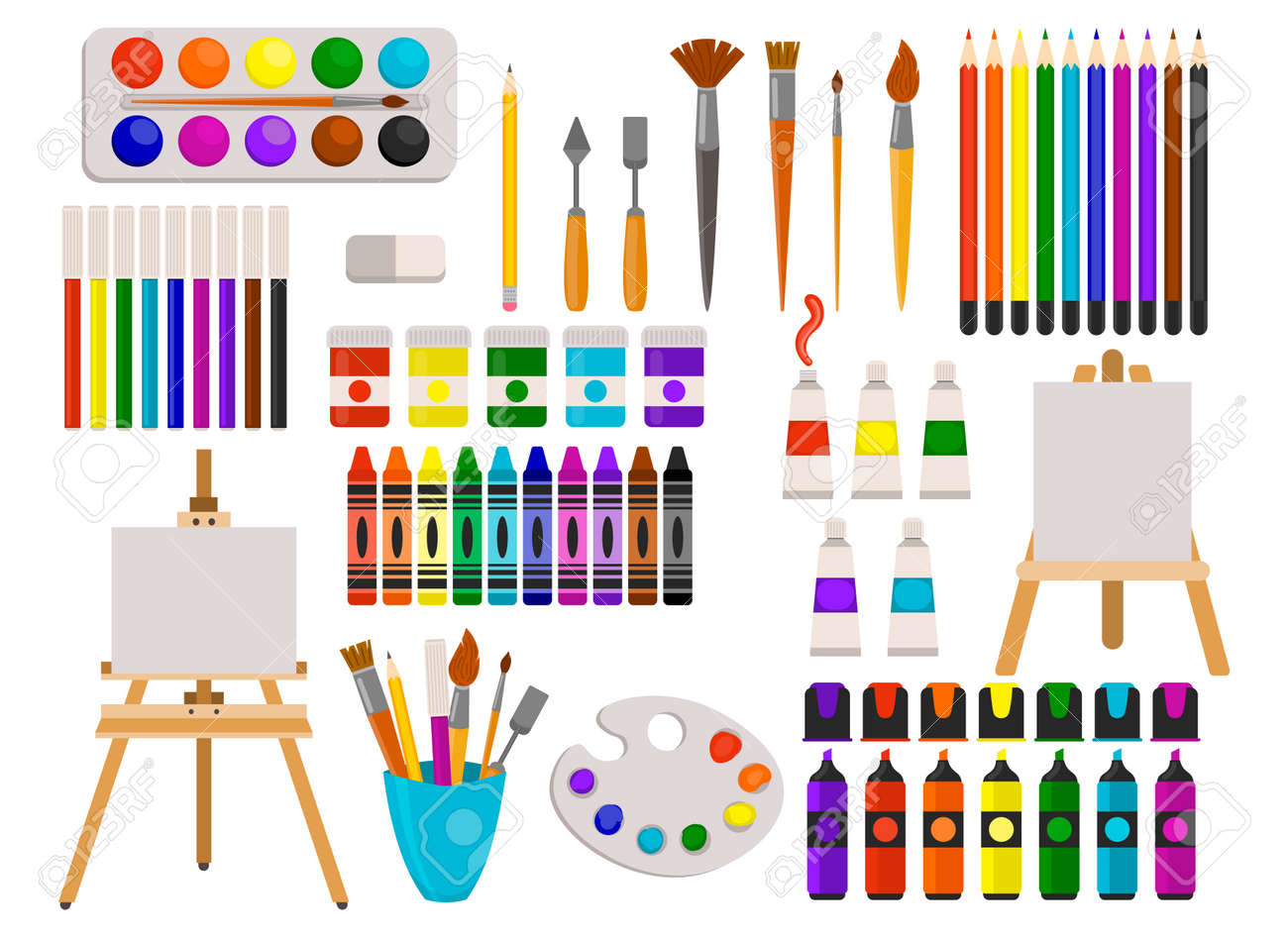 Conjunto bonito de materiais de arte em estilo plano isolado. lápis de cor de formiga de tinta aquarela, marcadores e pincéis, lápis de cor e tinta a óleo, cavalete e canetas feltro. coleção de ícones de pintura. - 176297284 Conjunto bonito de materiais de arte em estilo plano isolado. lápis de cor de formiga de tinta aquarela, marcadores e pincéis, lápis de cor e tinta a óleo, cavalete e canetas feltro. coleção de ícones de pintura. - 176297284