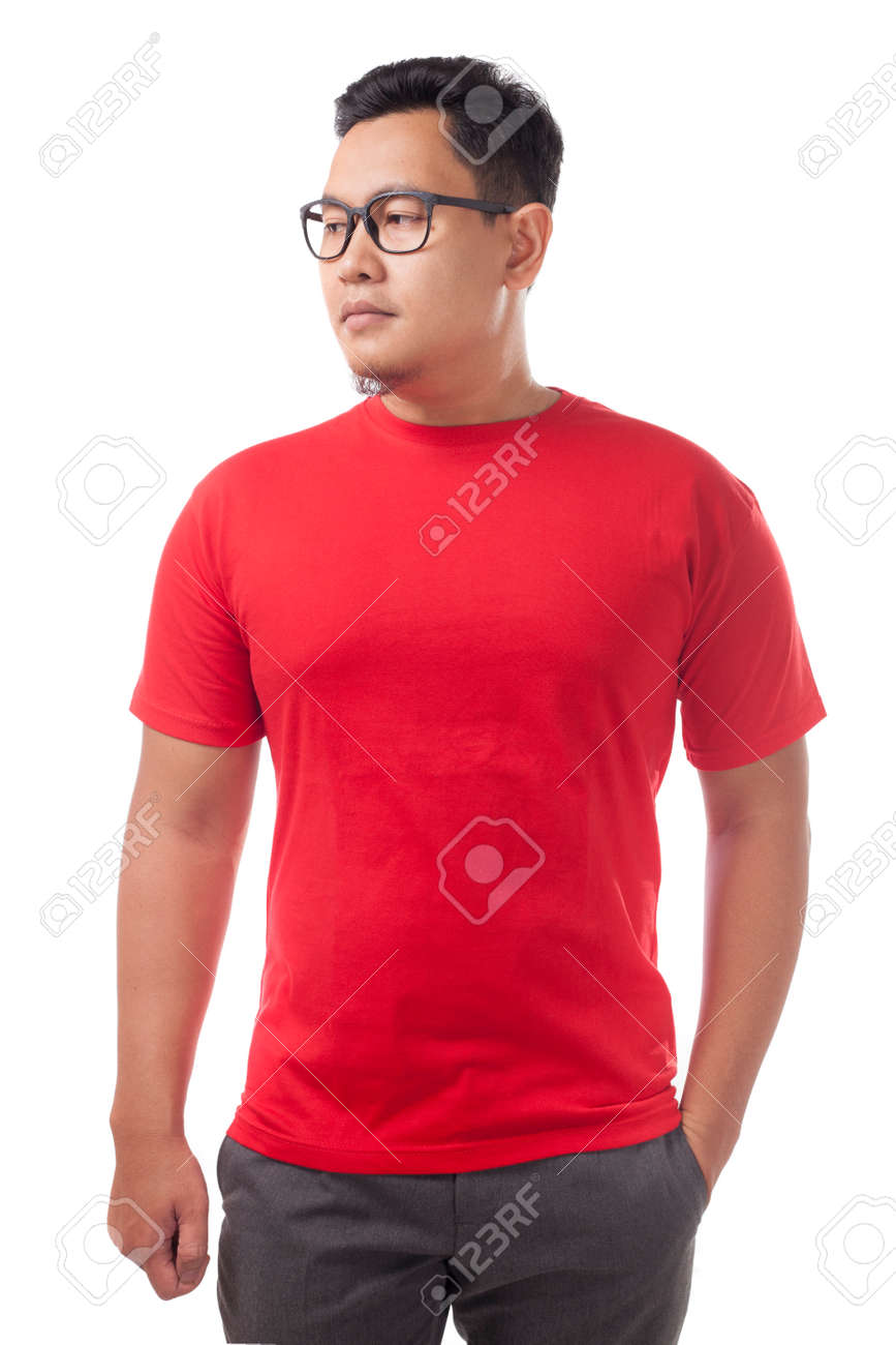 Red t-shirt mock up, front view, isolated. Male model wear plain red shirt mockup. Tshirt design template. Blank tee for print - 123594755 Red t-shirt mock up, front view, isolated. Male model wear plain red shirt mockup. Tshirt design template. Blank tee for print - 123594755