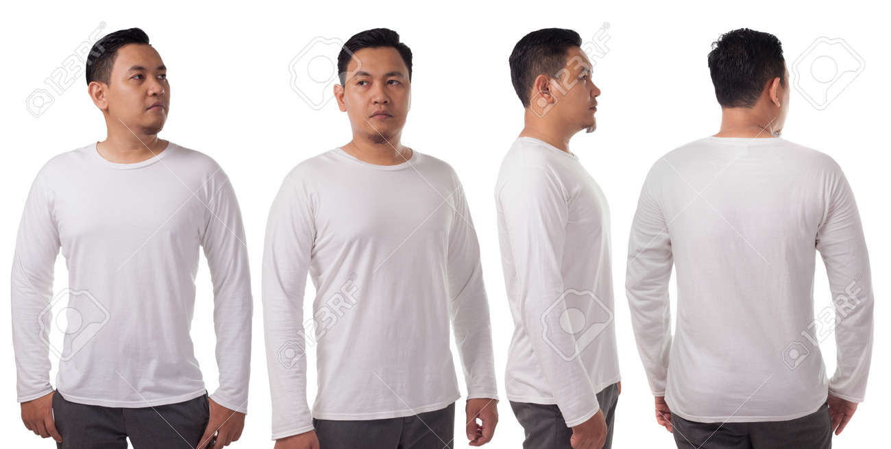 Download White Long Sleeved T Shirt Mock Up Front Side And Back View Isolated Male Model Wear Plain White Shirt Mockup Long Sleeve Shirt Design Template Blank Tees For Print Stock Photo Picture And