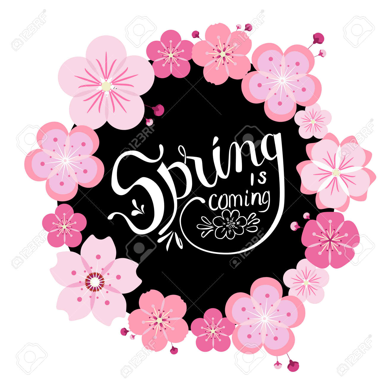 桜が咲き 黒丸白手描き 春 のレタリングと綺麗なリース のイラスト素材 ベクタ Image 5266