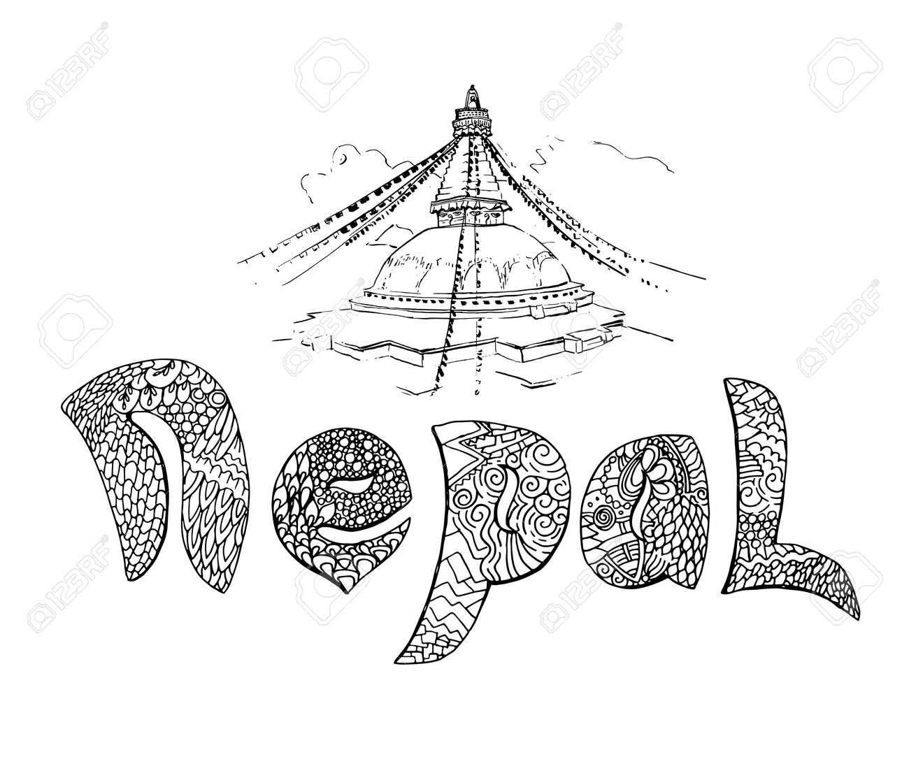 decorative hand lettering of word nepal filled with doodle patterns