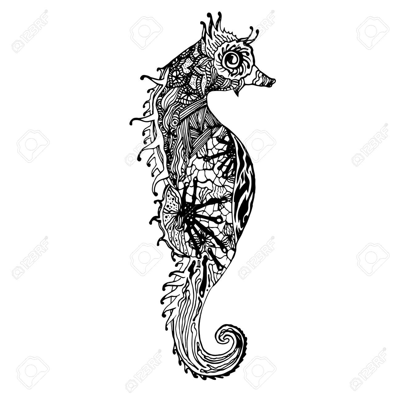black and white sea horse isolated engraving sketch abstract seahorse print out