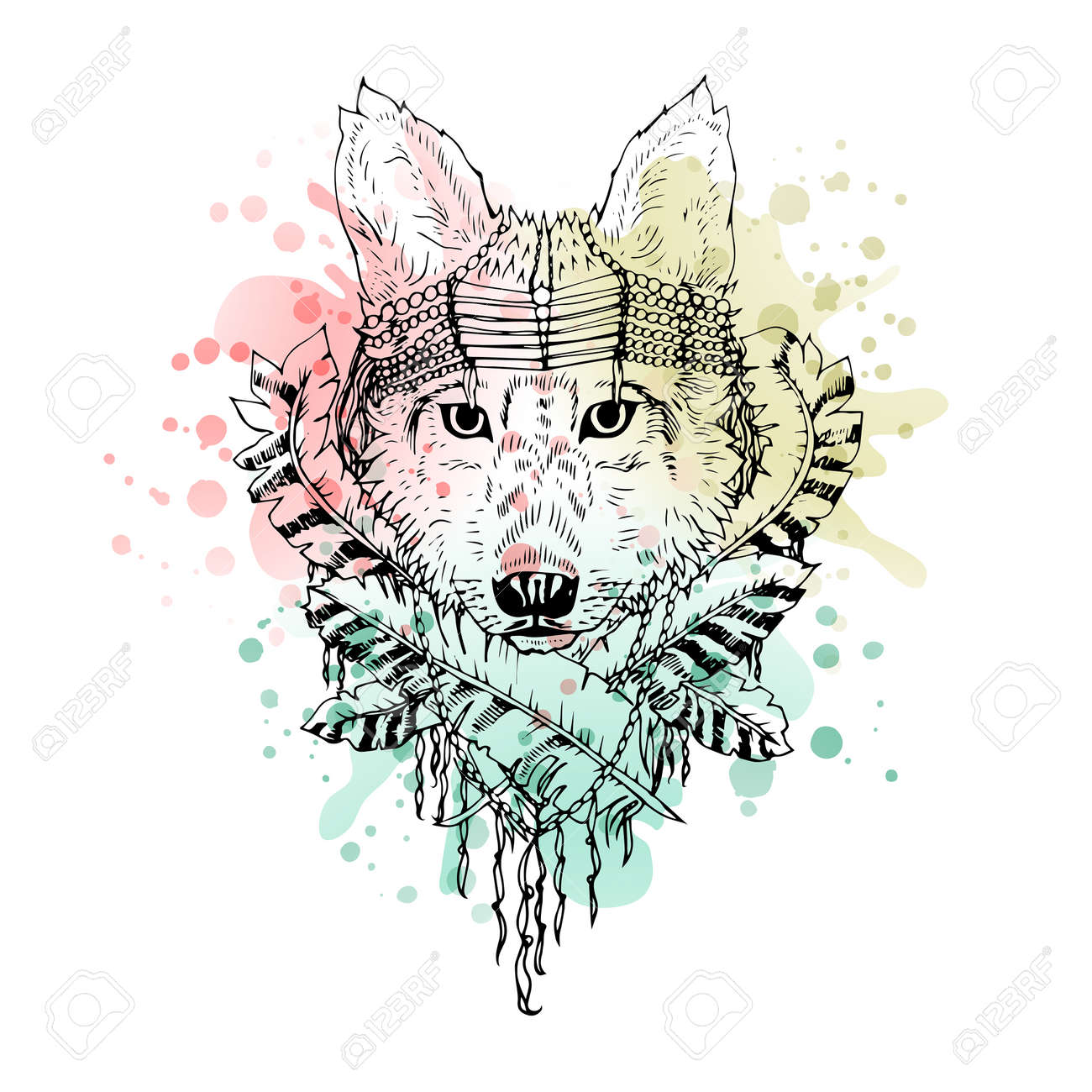 Black and white wild animal wolf head abstract art tattoo doodle cketch, boho style. Watercolor splash. Design for shirt, bag, jacket, package, phone case and so on. Vector illustration. - 52248795 Black and white wild animal wolf head abstract art tattoo doodle cketch, boho style. Watercolor splash. Design for shirt, bag, jacket, package, phone case and so on. Vector illustration. - 52248795