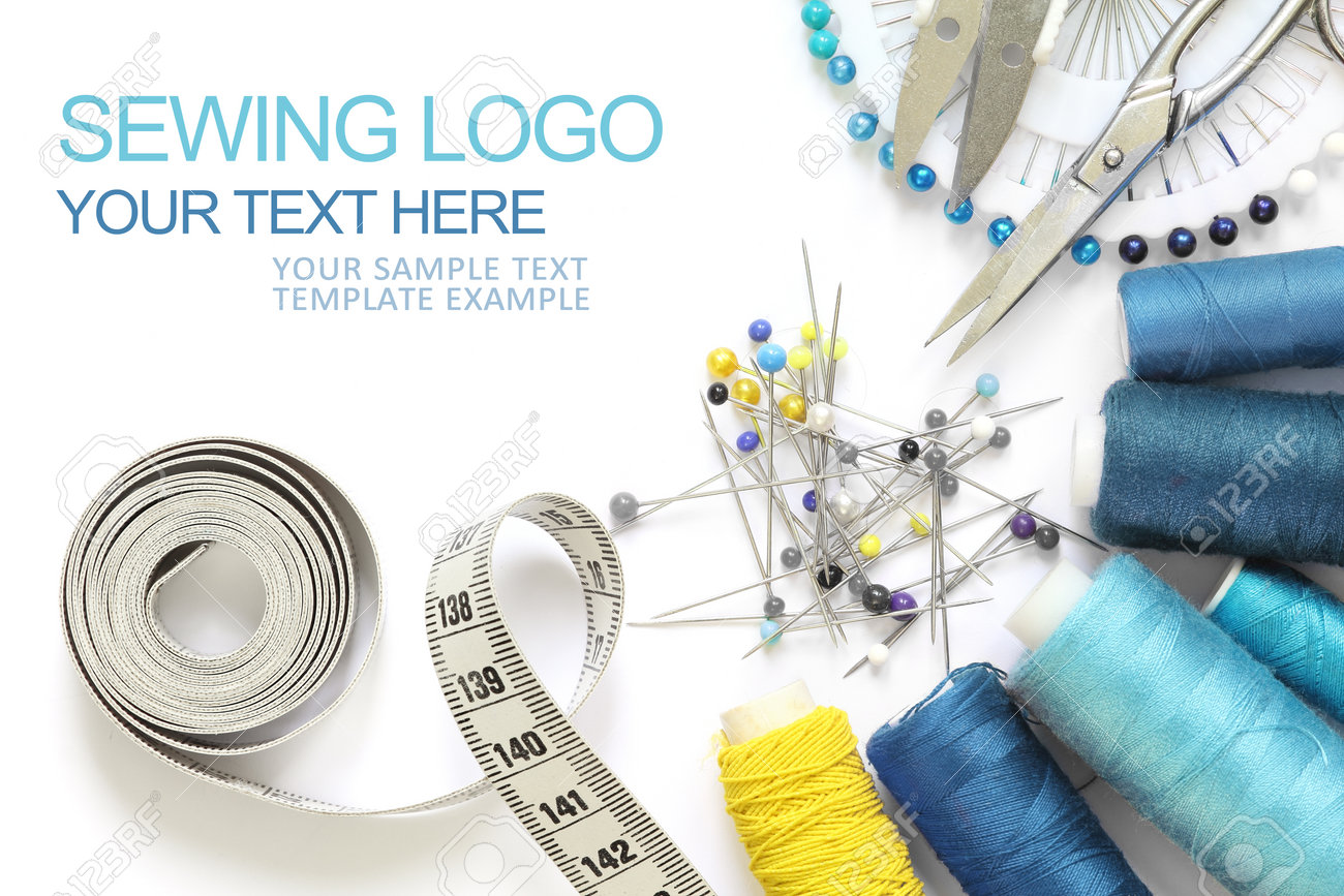 Sewing accessories template, business card type with sample logo, scissors, measuring tape, spool of thread and needle isolated and cut-out on white background. blue and yellow design - 165250172 Sewing accessories template, business card type with sample logo, scissors, measuring tape, spool of thread and needle isolated and cut-out on white background. blue and yellow design - 165250172