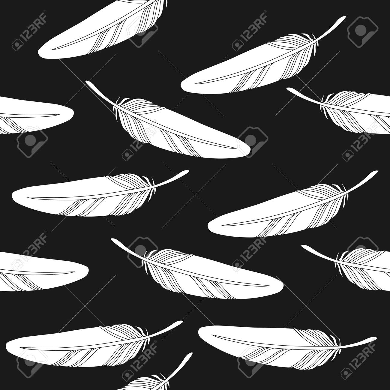 black and white seamless pattern with falling feathers in hand