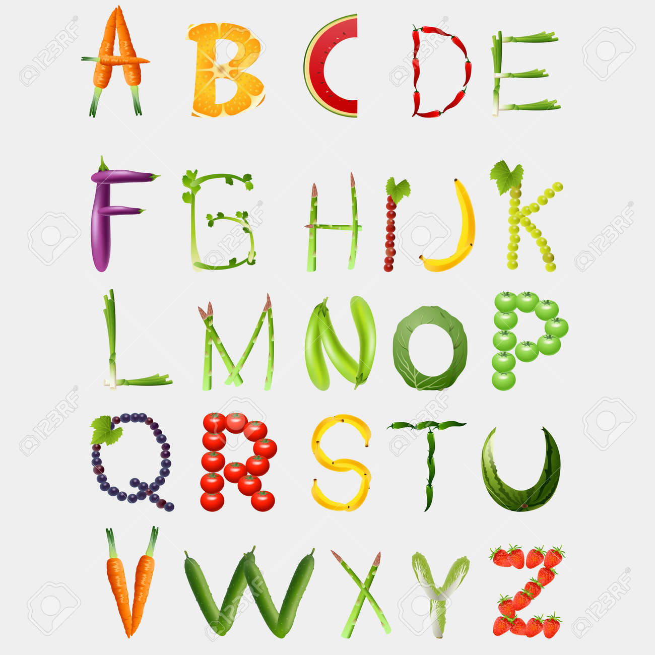 food alphabet made of vegetables and fruits vegetables font food with letter a