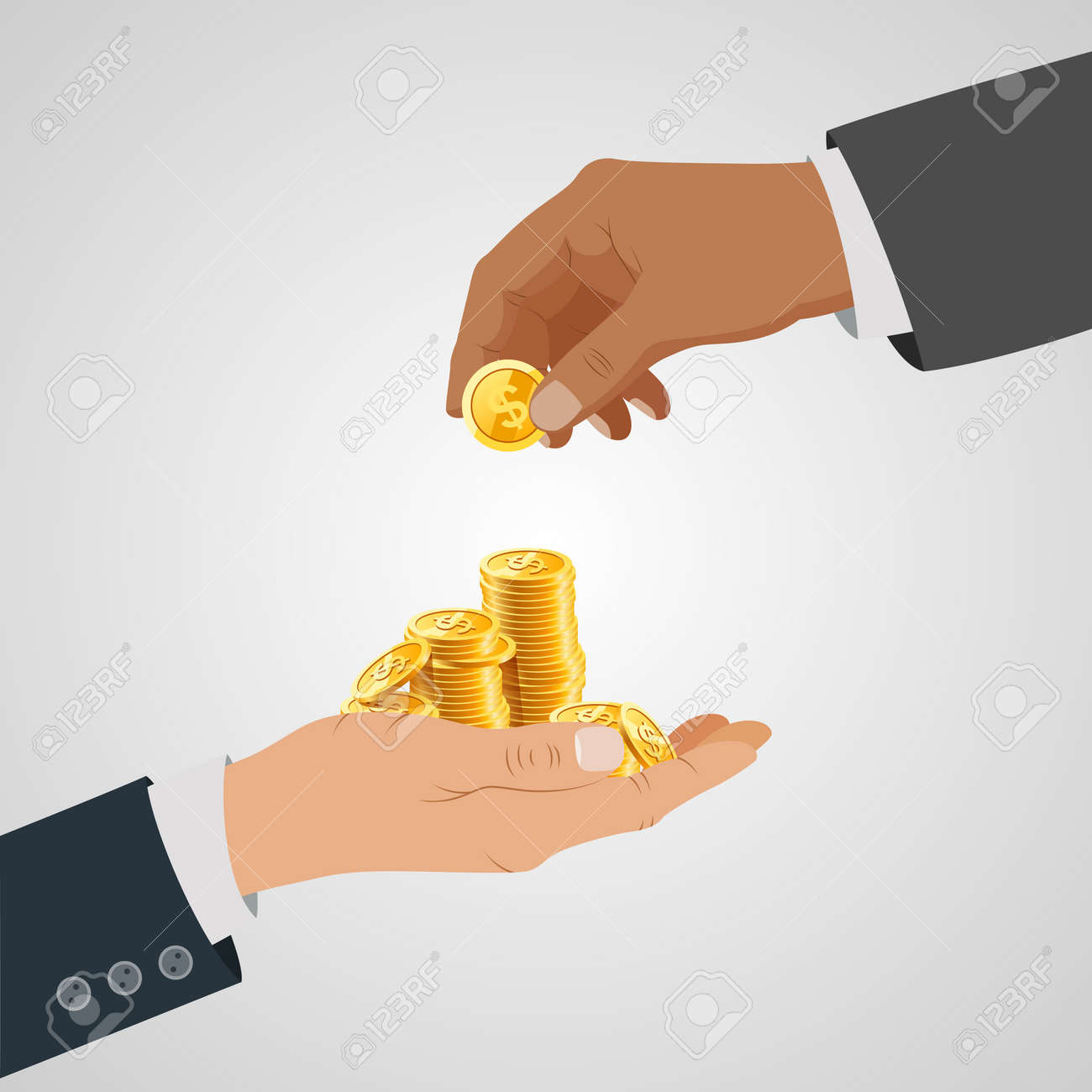 Businessman Gives Man A Gold Coin. Royalty Free SVG, Cliparts, Vectors, and  Stock Illustration. Image 85288535.