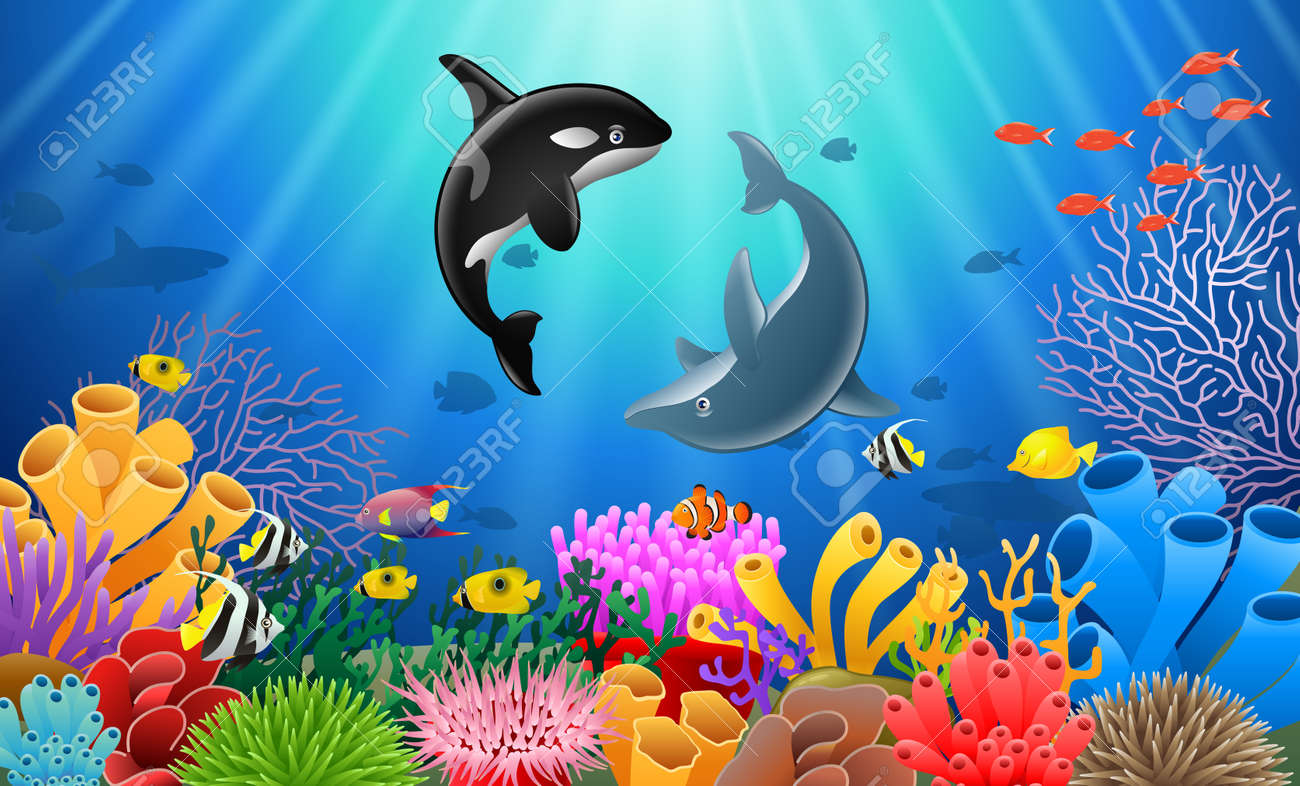 シャチとイルカの水中ビューとサンゴ背景漫画します。ベクトルの図。の