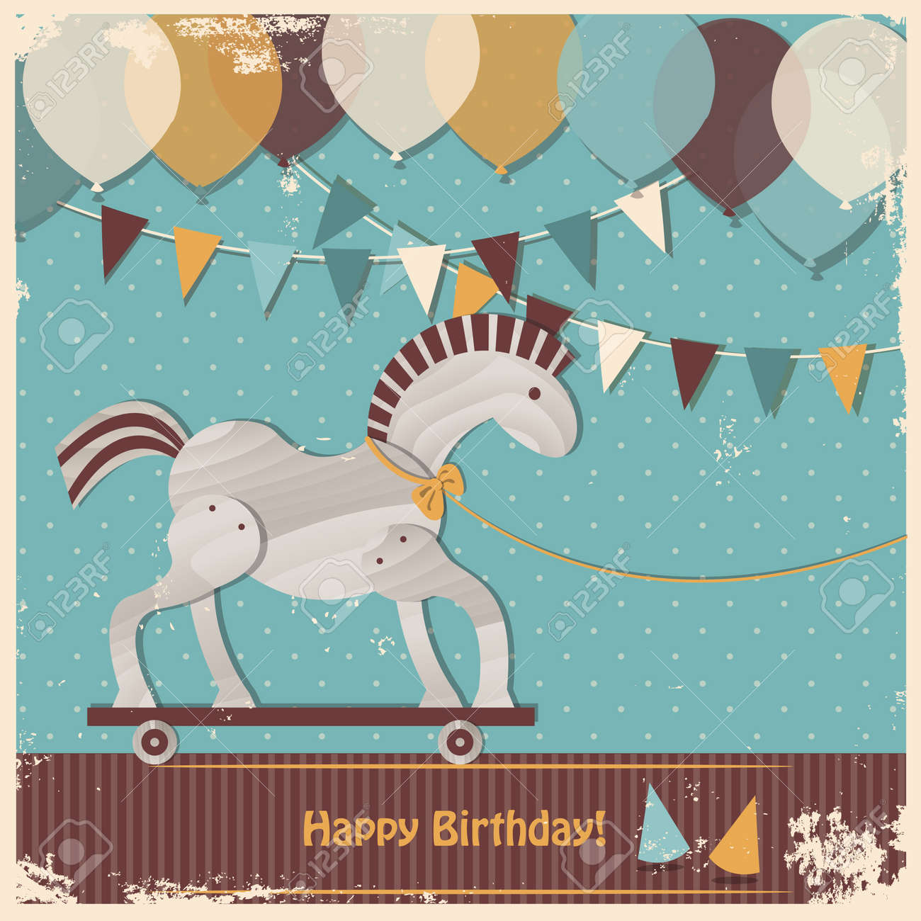 レトロな赤ちゃんのシャワーの設計 お誕生日おめでとうカード かわいいおもちゃの馬 の写真素材 画像素材 Image