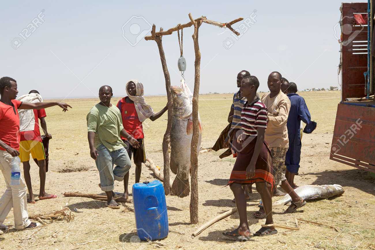 トゥルカナ エチオピア 13 年 2 月 17 日 アフリカの漁師はトゥルカナ湖のほとりにそれを重く 市場業者に魚を販売しています の写真素材 画像素材 Image