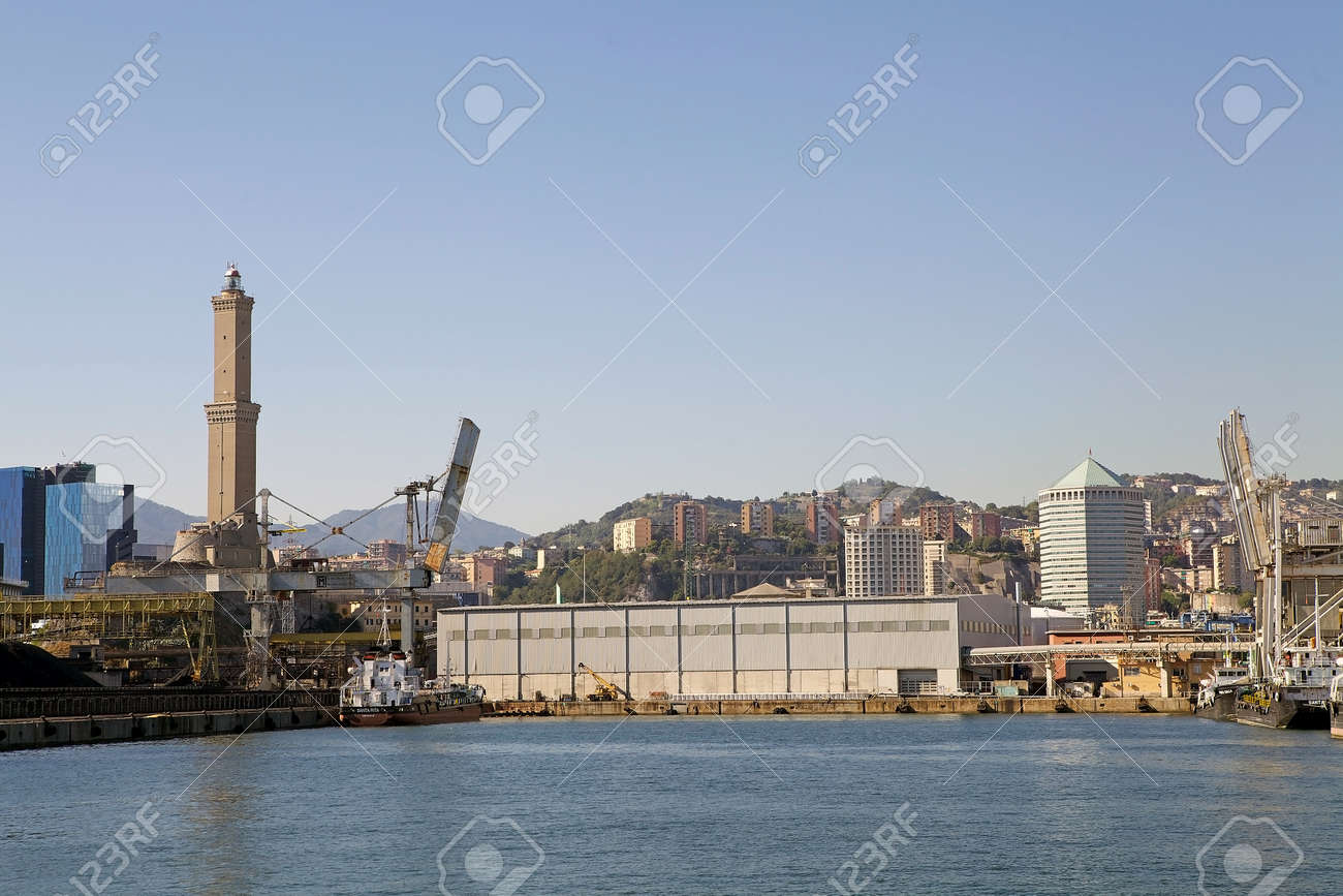 Details Of The Port Of Genoa Italy With The Lighthouse Called