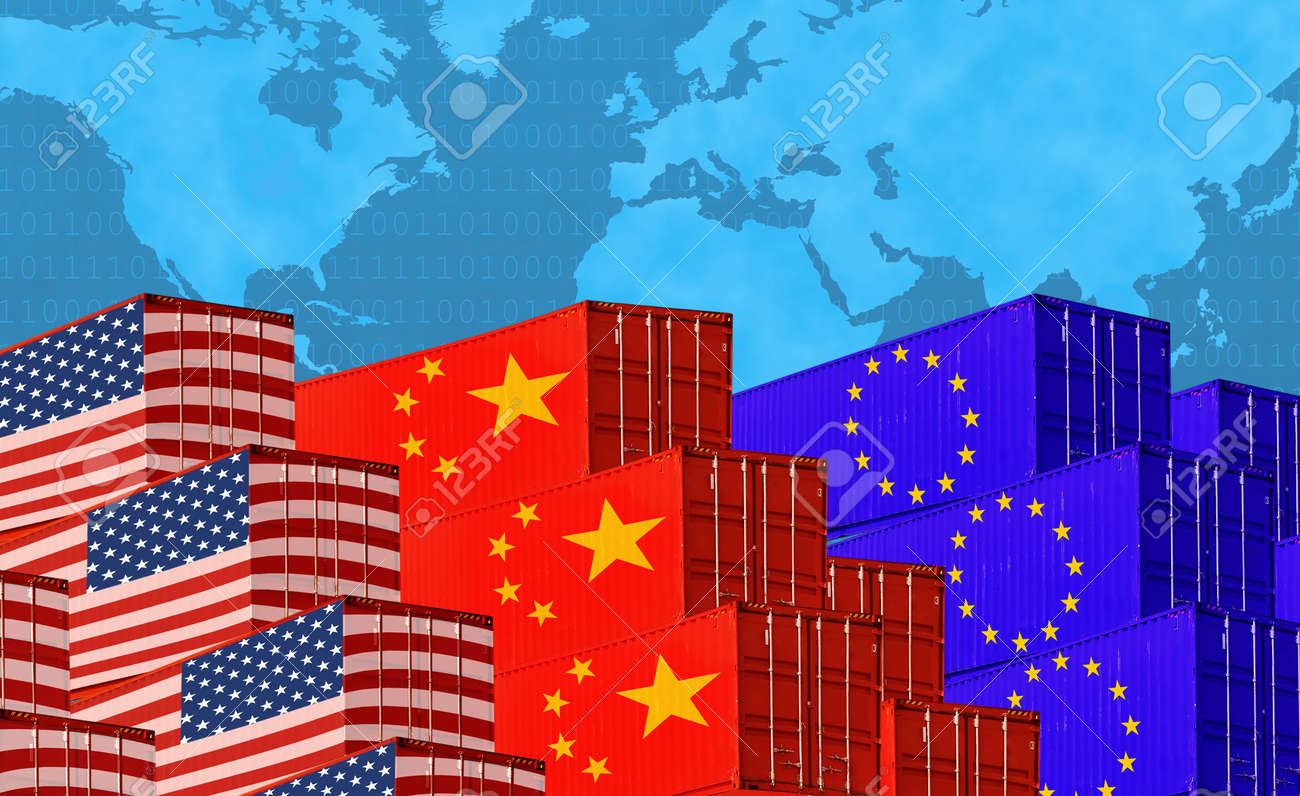 米国-中国-EU貿易戦争、経済紛争、中国とEUへの輸出に対する米国の関税、貿易摩擦の概念イメージの写真素材・画像素材 Image 105351041