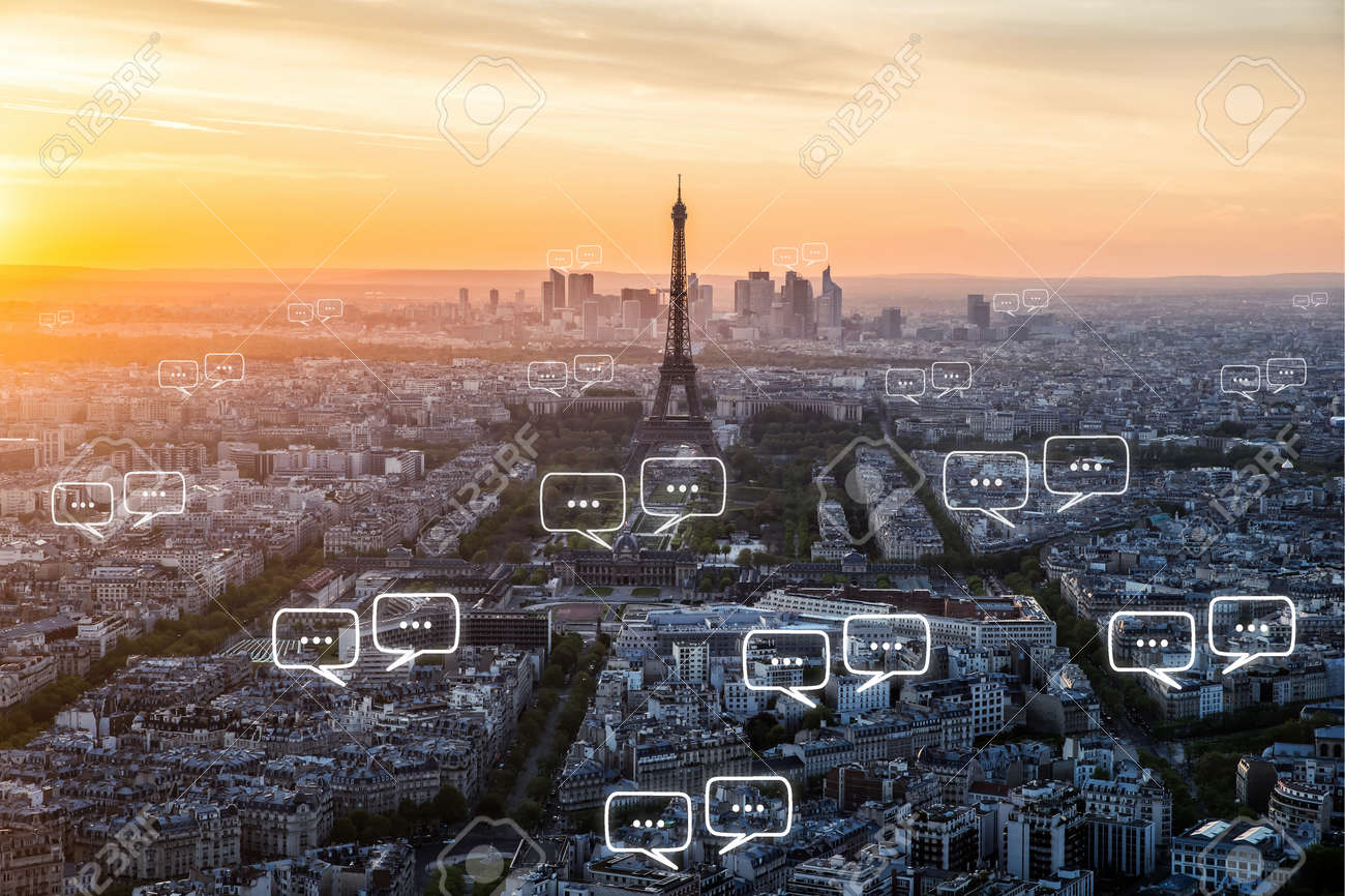 Blank space for text on Paris city and bubble chat for communication. Technology and communication concept - 67437498 Blank space for text on Paris city and bubble chat for communication. Technology and communication concept - 67437498