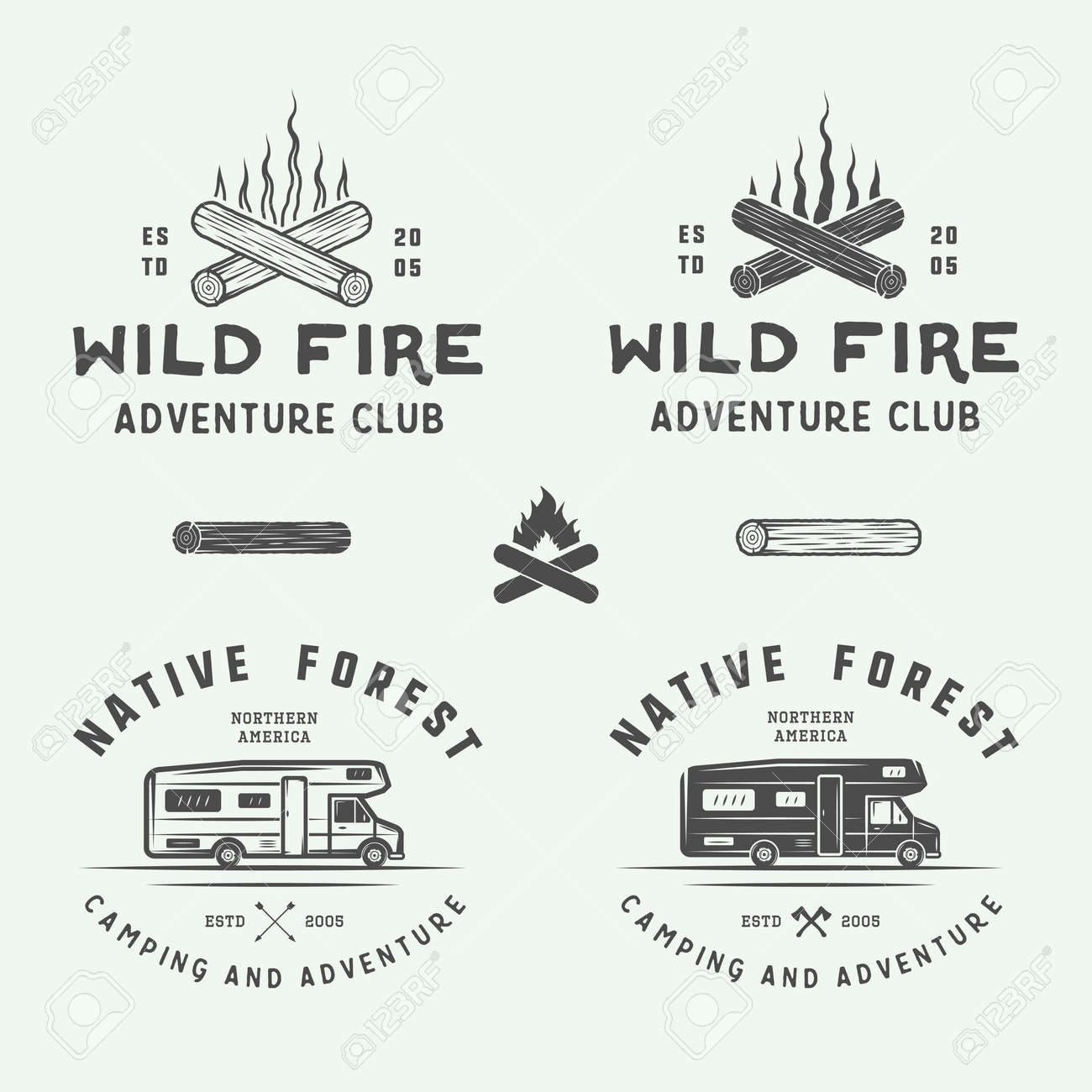 ビンテージ キャンプの屋外セットと冒険ロゴ バッジ ラベル エンブレム マーク デザイン要素 グラフィック アート ベクトルの図 のイラスト素材 ベクタ Image