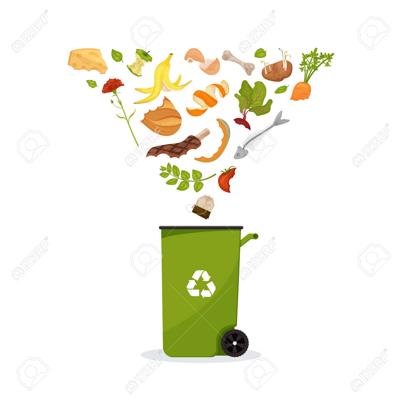 Trash Bin With Products Flying Into It. Cartoon Food Garbage. Illustration  For Food Processing And Compost, Organic Waste, Zero Waste Theme. Royalty  Free SVG, Cliparts, Vectors, and Stock Illustration. Image 130307261., image size:1300x1300