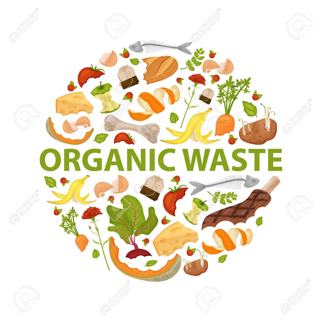 Round Template Organic Waste Theme. Collection Of Fruits And Vegetables. No Food  Wasted. Set Of Leftovers. Illustration For Organic Waste, Zero Waste Theme,  Modern Environmental Problem. Royalty Free SVG, Cliparts, Vectors, and, image size:1300x1300