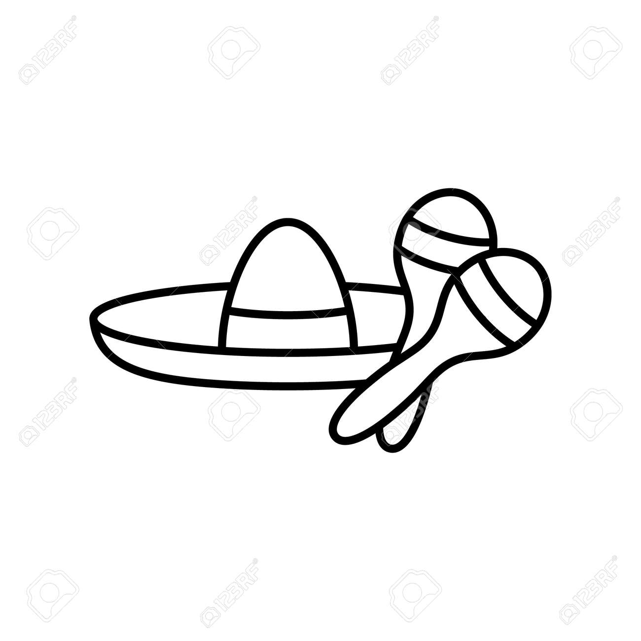Mexican Sombrero With Maracas. Line Art Icon Of Traditional Attributes Fun.  Black Simple Accessory Illustration, Hat And Rattles. Contour Isolated  Vector Pictogram On White Background Royalty Free SVG, Cliparts, Vectors,  and Stock, image size:1300x1300