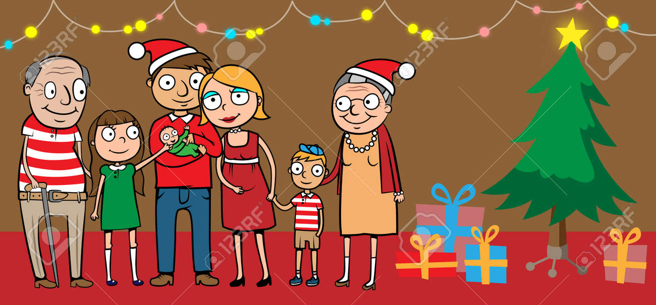 自宅でプレゼントとクリスマス ツリーを祝う大きな幸せな家族の漫画ベクトル イラストのイラスト素材 ベクタ Image 自宅でプレゼントとクリスマス ツリーを祝う大きな幸せな家族の漫画ベクトル イラストのイラスト素材 ベクタ Image