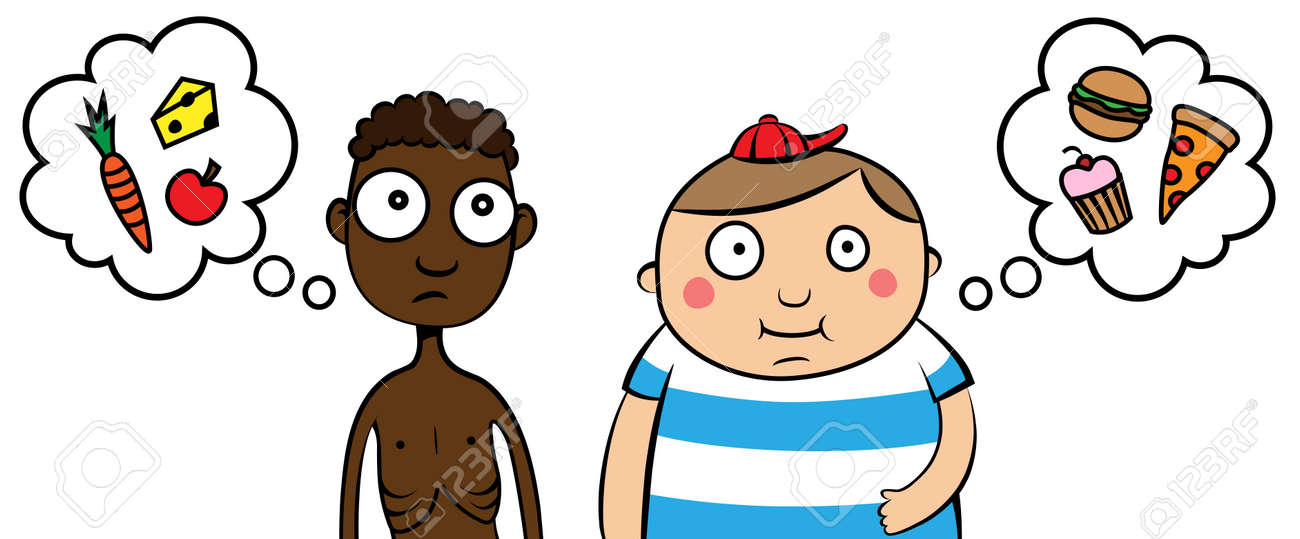 Cartoon Illustration Vectorielle De Skinny Enfant Africain Pauvres Affamés Et Heureux Surpoids Enfant De Race Blanche Riches Clip Art Libres De Droits , Svg , Vecteurs Et Illustration. Image 22764688.