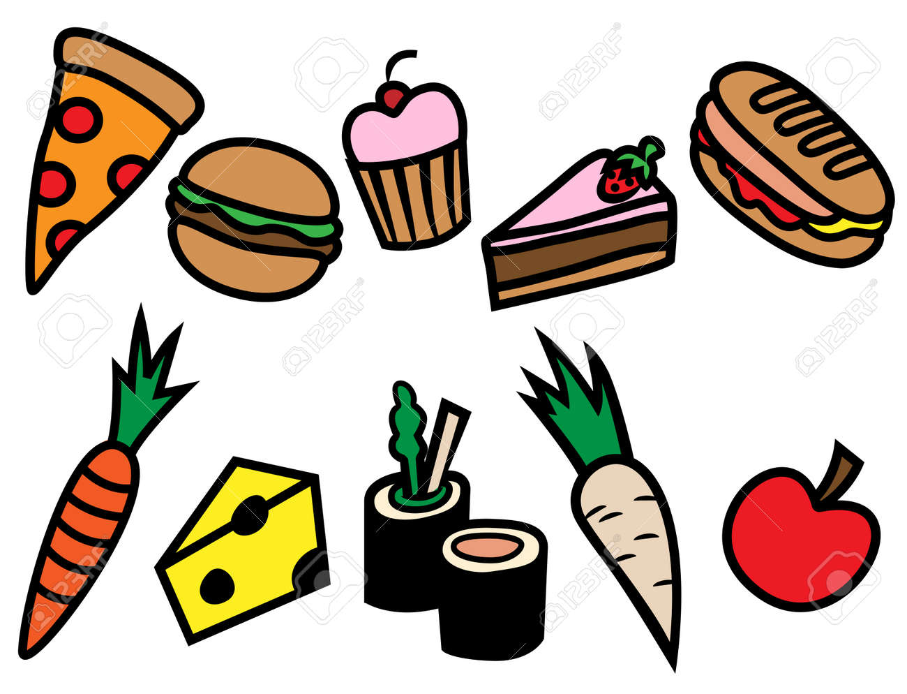Illustration De Vecteur De Dessin Anime De Differents Types D Aliments Sain Et Malsain Ensemble Collection Clip Art Libres De Droits Vecteurs Et Illustration Image