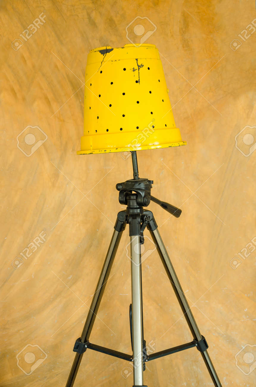 Yellow Floor Lamp D I Y By Pot And Tripods Isolated Over Vintage