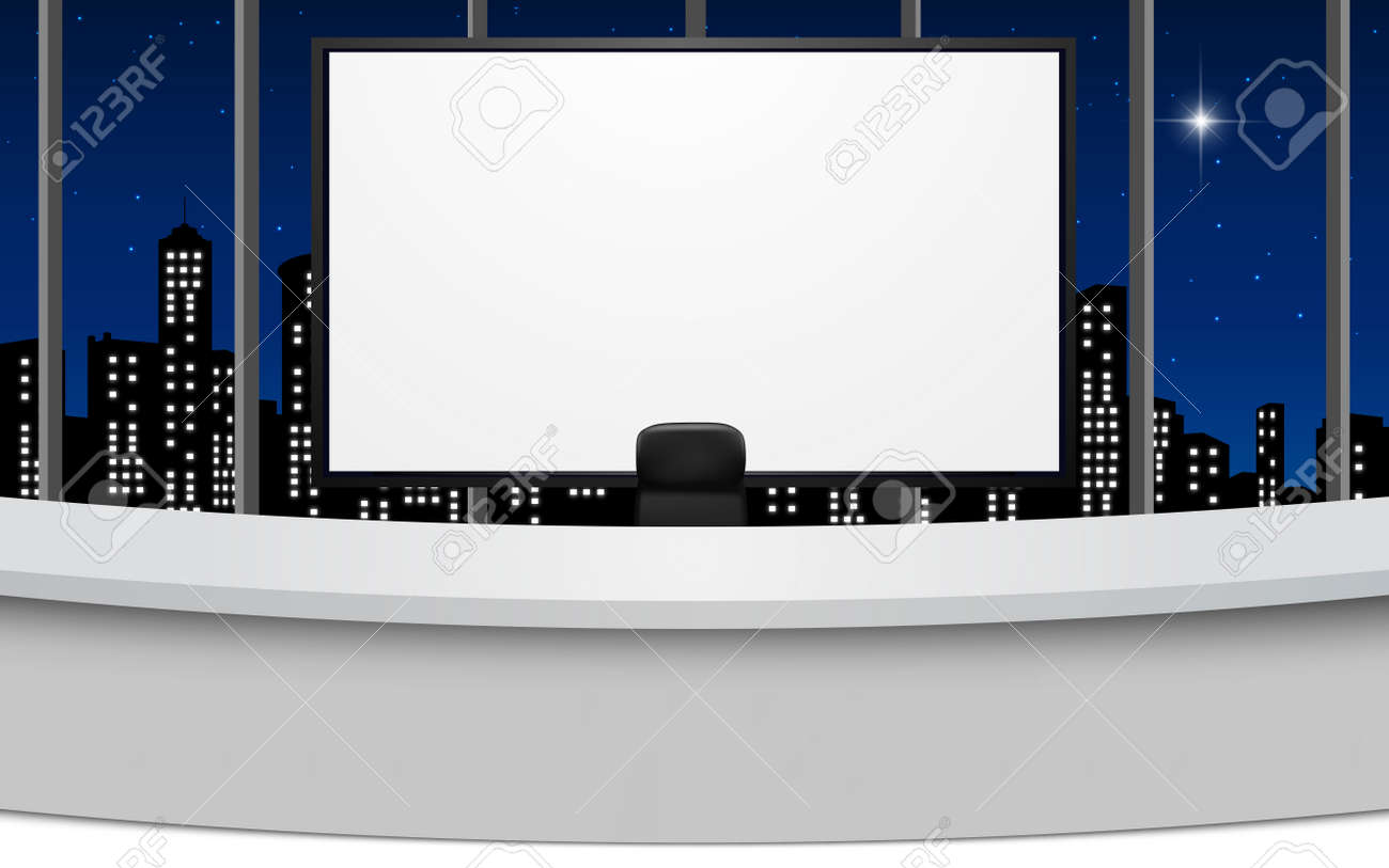 White Table And Lcd Tv In The News Studio Room With City In The Night Background Royalty Free Cliparts Vectors And Stock Illustration Image