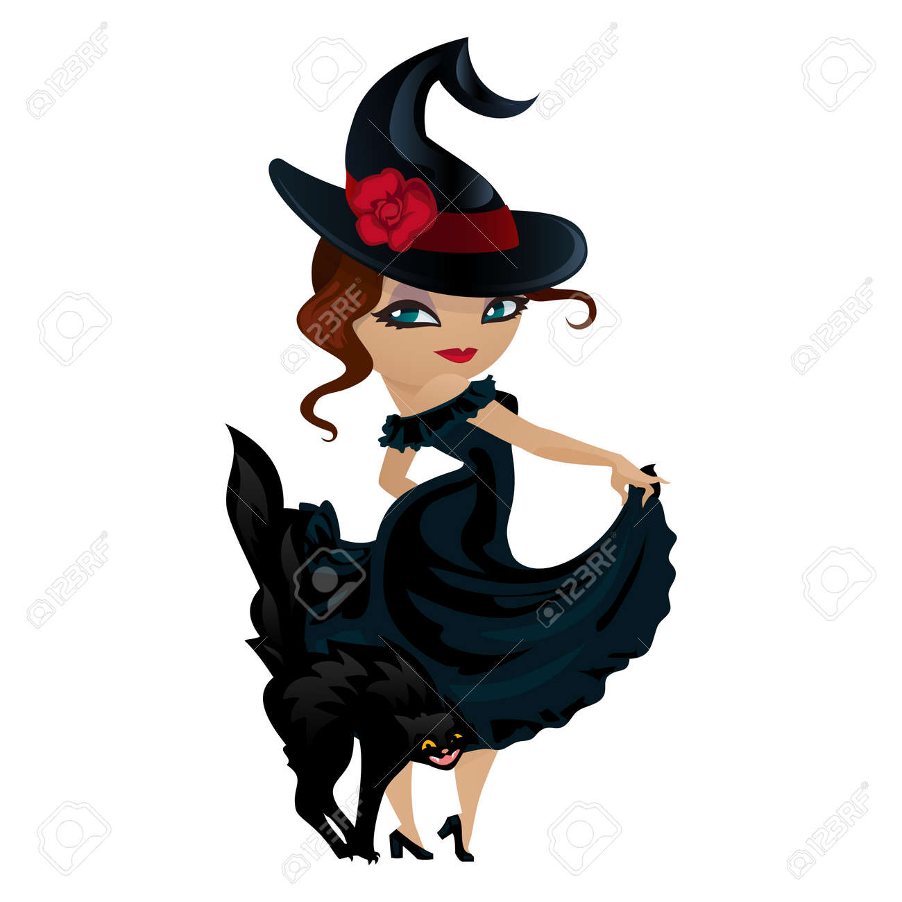 白い背景で隔離のかわいい少女の魔法使い 漫画のスタイルの少女の魔法使い のイラスト素材 ベクタ Image