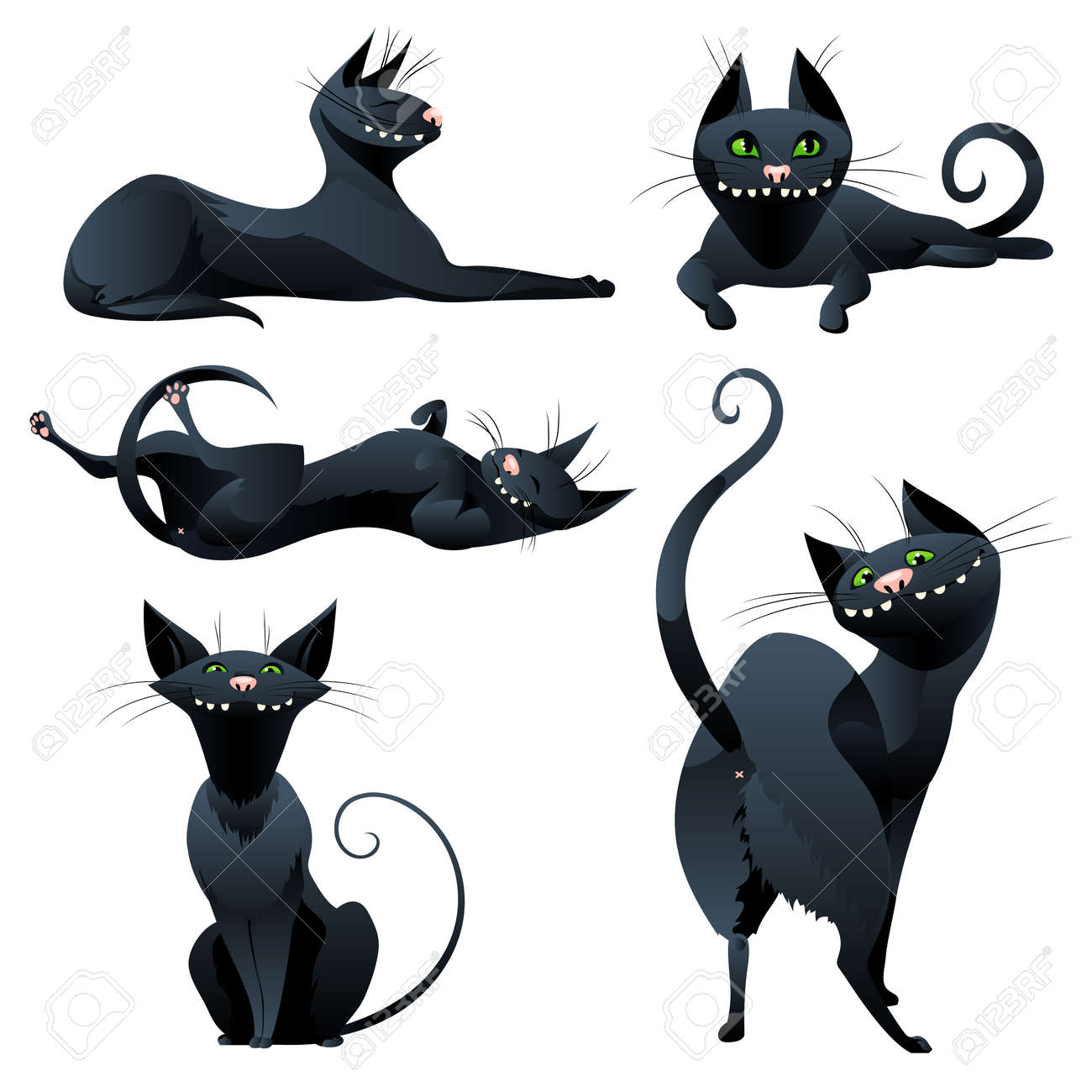 Banque d\u0027images , Chats noirs mignons dans un style de bande dessinée. Jeu de chats drôles isolé sur fond blanc. Vector illustration.