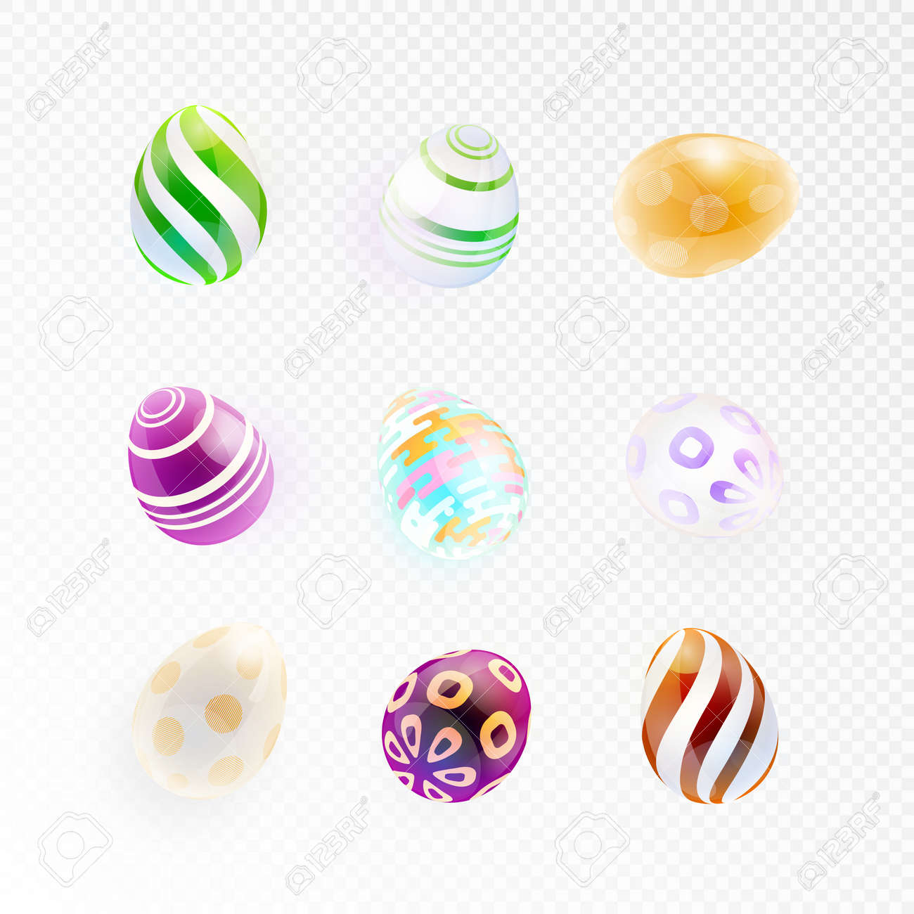 Set Of Glass Eggs With Abstract Pattern Isolated On A Transparent Background Shiny Colorful Easter