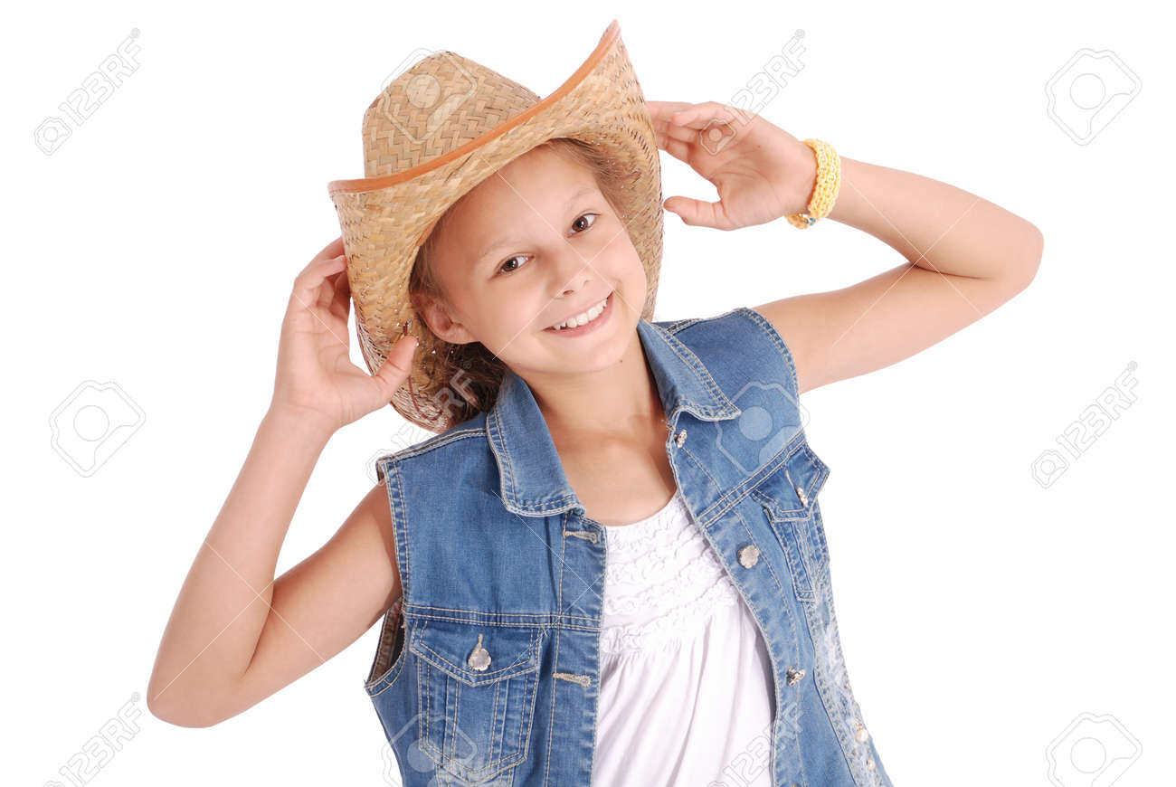 大きなフロッピー麦わら帽子白で隔離を着てかなり 12 歳の女の子 の写真素材 画像素材 Image