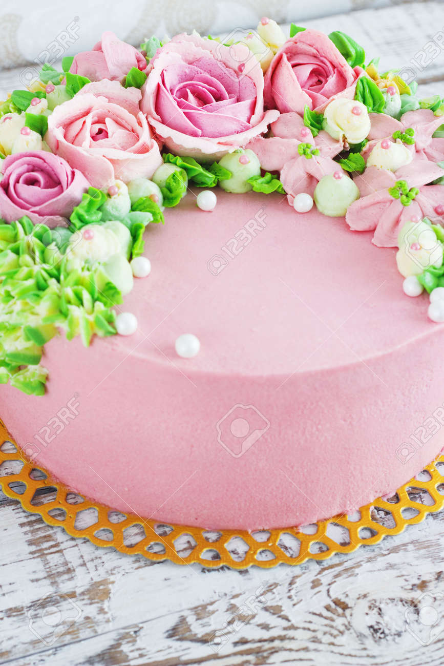 Birthday Cake With Flowers Rose On White Background