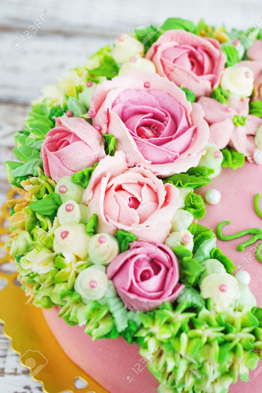Birthday Cake With Flowers Rose On White Background Stock Photo